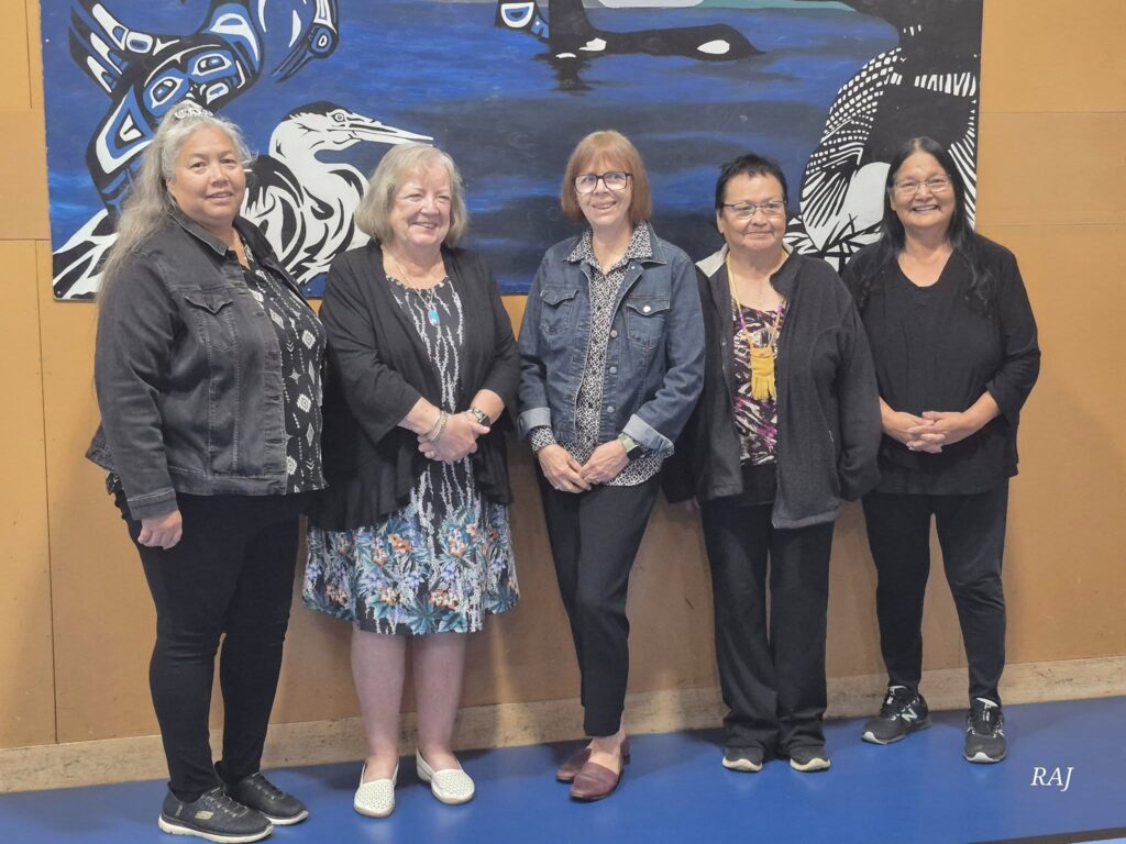 Five women stand in front of a vibrant mural, showcasing community spirit and connection